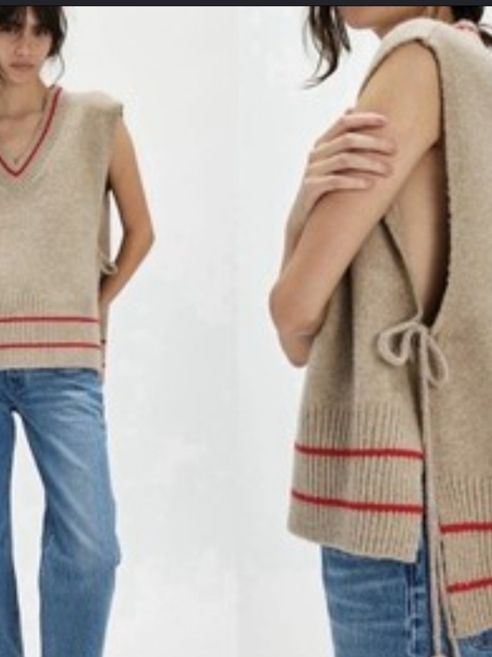 Free People All Star Stripe Poncho in oatmeal and red featuring an open side-tie